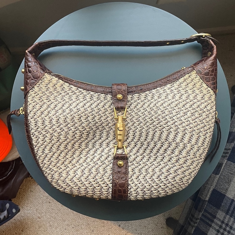 Eric Javits White & Brown Croc Leather Shoulder Bag